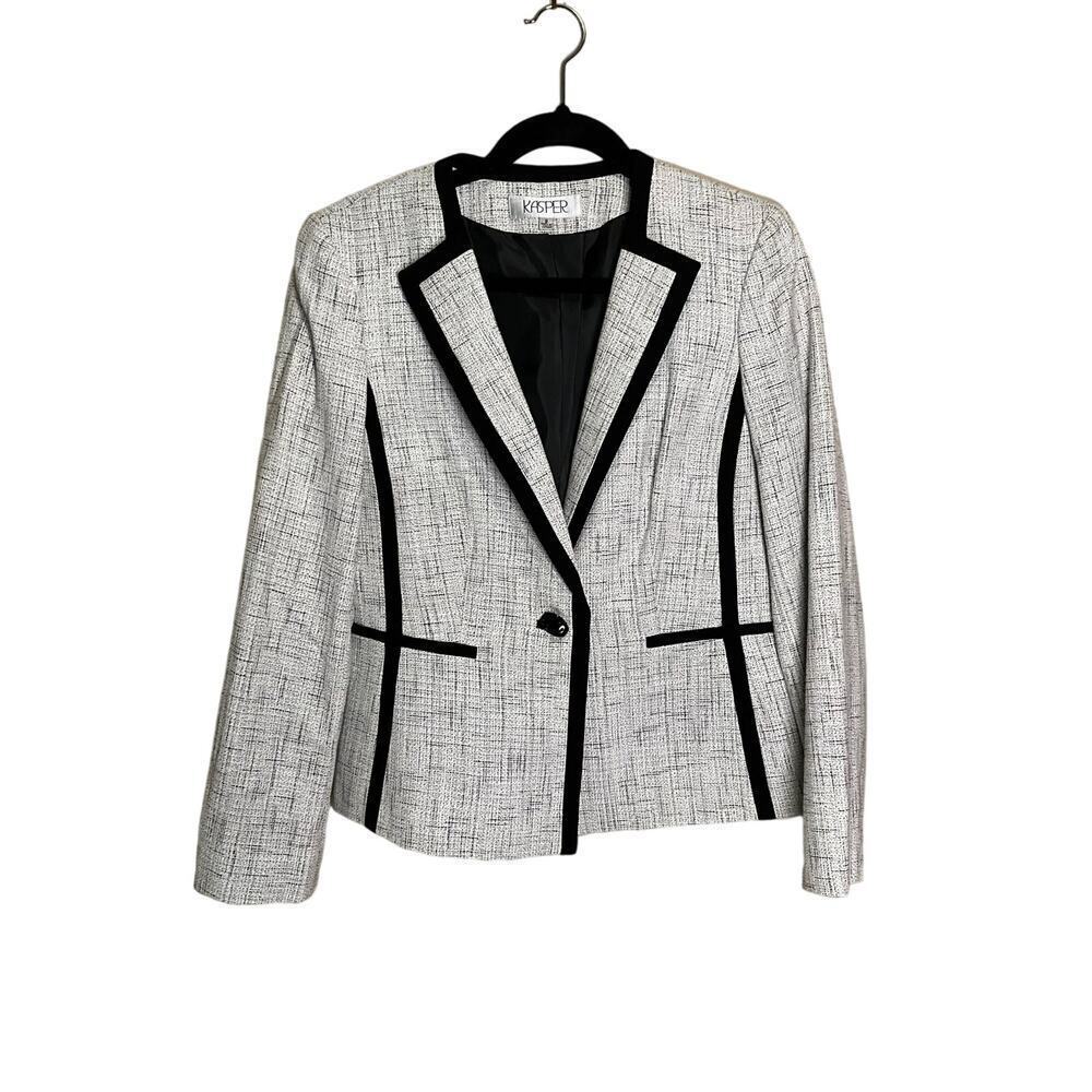 Kasper Tweed Blazer Jacket One Button Peak Lapel Black Trim‎ Gray Womens Size 8